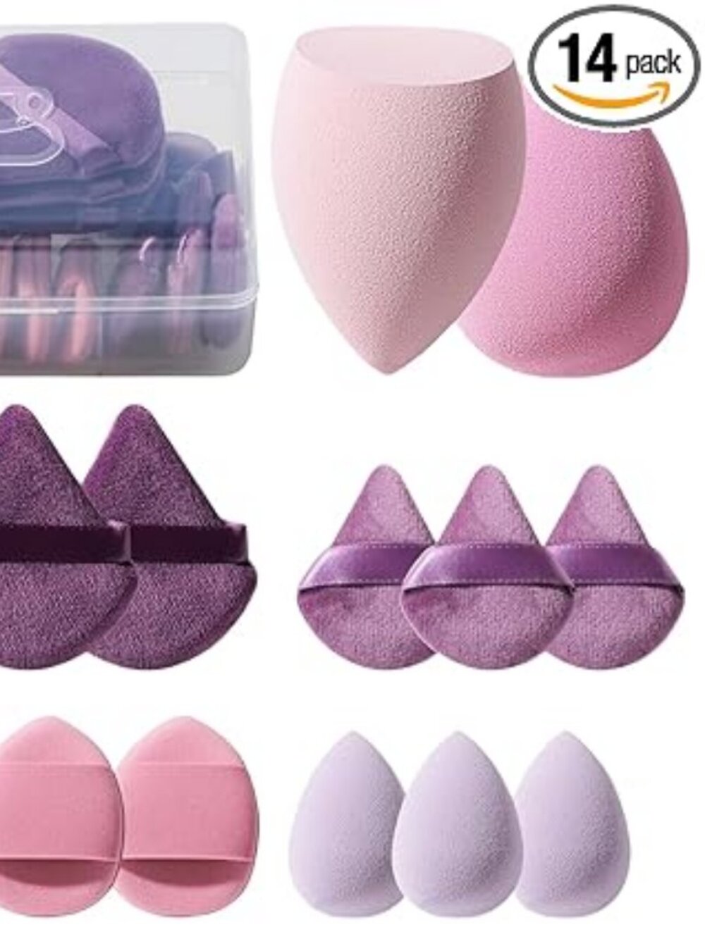 BS-MALL Triangle Puff Sponge Set 14 Pc Purple Makeup Blender Kit w/ Case
